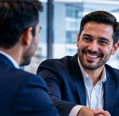 Ilustración de una conversación de negocios; no representa a clientes específicos
